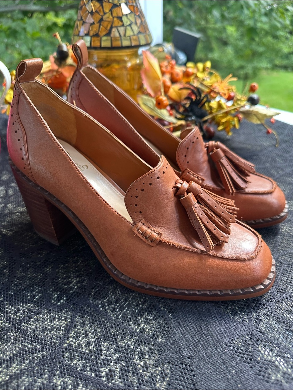 Vince Camuto Tan Leather Tassel Block Heel Loafers NWOT